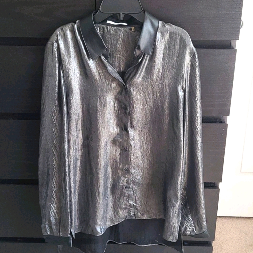 T Tahari Button Down gray metallic faux leather